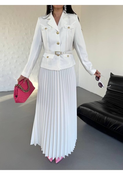 Kadın Kemerli Gold Düğmeli Premium Ceket Pileli Uzun Etek Takım Elbise fırsatları
