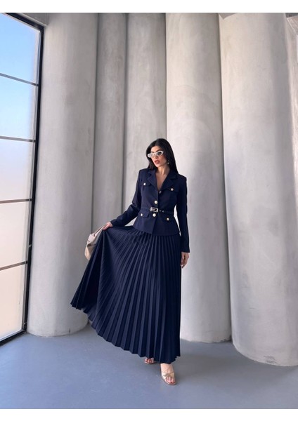 Kadın Kemerli Gold Düğmeli Premium Ceket Pileli Uzun Etek Takım Elbise indirimleri