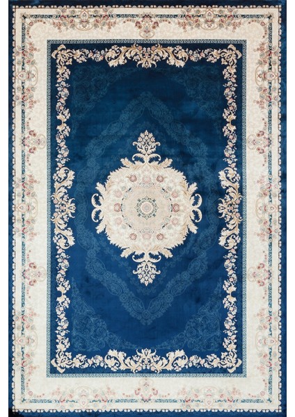 Mavi Çerçeveli Modern Etnik Desenli Halı | Makinada Yıkanabilir | Hav Toz Vermez | Leke Tutmayaz | Kaymaz Taban | Dijital Makine Baskı | Salon Yolluk Mutfak Halısı