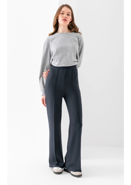 Kadın Füme Modal Bol Paça Çımalı Yüksek Bel Yumuşak Dokulu Beli Lastikli Likralı Pantolon
