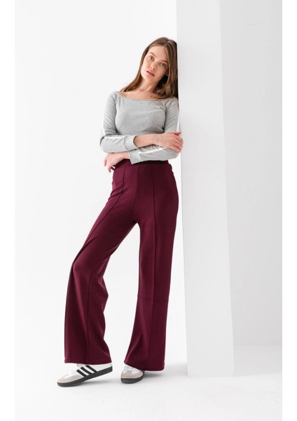 Kadın Bordo Modal Bol Paça Çımalı Yüksek Bel Yumuşak Dokulu Beli Lastikli Likralı Pantolon