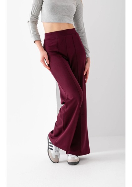 Kadın Bordo Modal Bol Paça Çımalı Yüksek Bel Yumuşak Dokulu Beli Lastikli Likralı Pantolon fırsatları