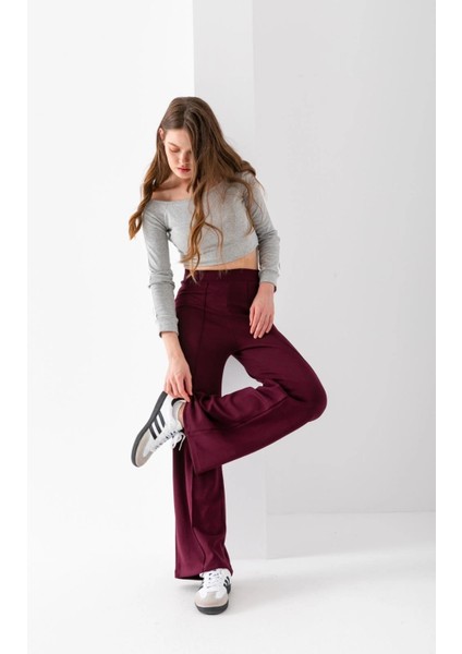 Kadın Bordo Modal Bol Paça Çımalı Yüksek Bel Yumuşak Dokulu Beli Lastikli Likralı Pantolon indirimleri