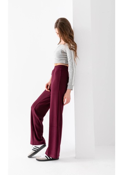 Kadın Bordo Modal Bol Paça Çımalı Yüksek Bel Yumuşak Dokulu Beli Lastikli Likralı Pantolon