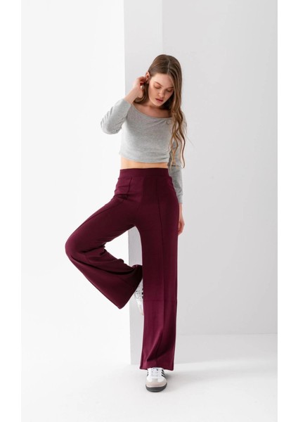 Kadın Bordo Modal Bol Paça Çımalı Yüksek Bel Yumuşak Dokulu Beli Lastikli Likralı Pantolon