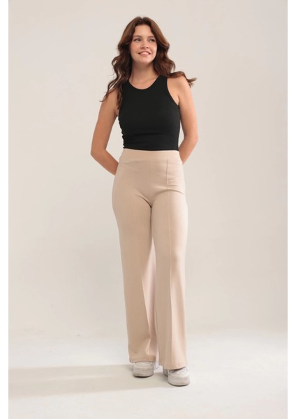 Kadın Bej Modal Bol Paça Çımalı Yüksek Bel Yumuşak Dokulu Beli Lastikli Likralı Pantolon fırsatları
