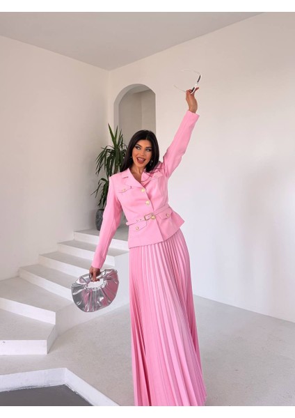 Kadın Kemerli Gold Düğmeli Premium Ceket Pileli Uzun Etek Takım Elbise fiyatları