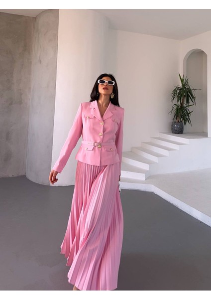 Kadın Kemerli Gold Düğmeli Premium Ceket Pileli Uzun Etek Takım Elbise fırsatları