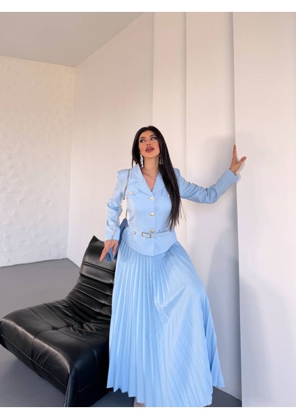 Kadın Kemerli Gold Düğmeli Premium Ceket Pileli Uzun Etek Takım Elbise modelleri