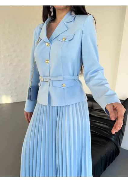 Kadın Kemerli Gold Düğmeli Premium Ceket Pileli Uzun Etek Takım Elbise fırsatları