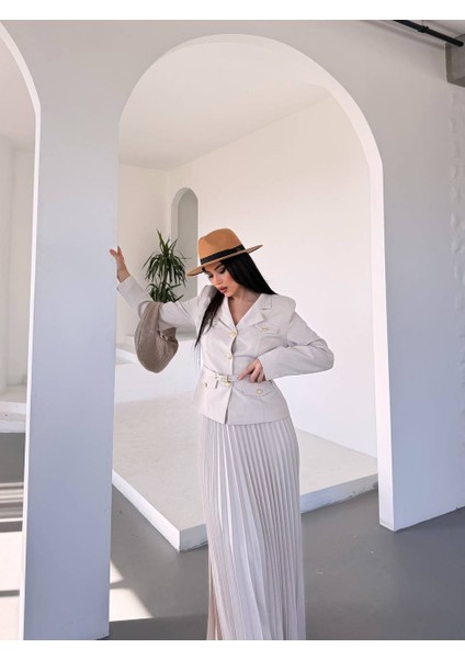 Kadın Kemerli Gold Düğmeli Premium Ceket Pileli Uzun Etek Takım Elbise fiyatları