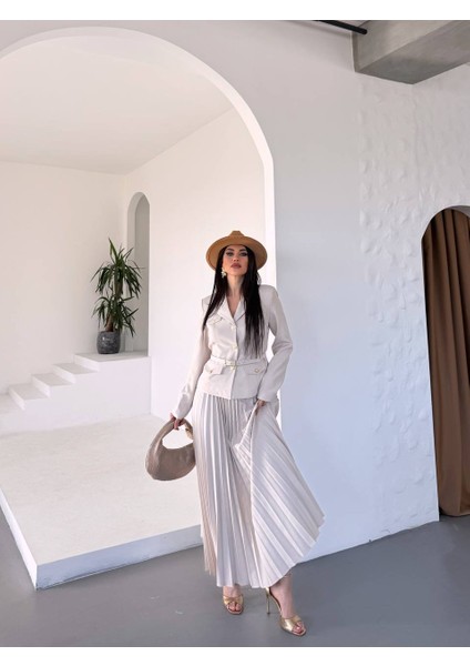 Kadın Kemerli Gold Düğmeli Premium Ceket Pileli Uzun Etek Takım Elbise modelleri