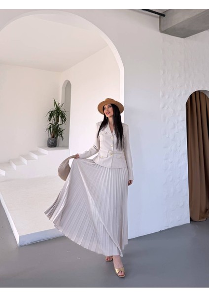 Kadın Kemerli Gold Düğmeli Premium Ceket Pileli Uzun Etek Takım Elbise indirimleri