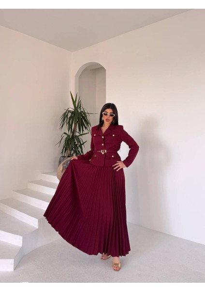 Kadın Kemerli Gold Düğmeli Premium Ceket Pileli Uzun Etek Takım Elbise fırsatları