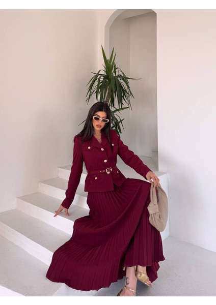 Kadın Kemerli Gold Düğmeli Premium Ceket Pileli Uzun Etek Takım Elbise indirimleri