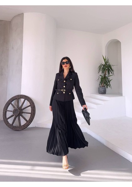 Kadın Kemerli Gold Düğmeli Premium Ceket Pileli Uzun Etek Takım Elbise