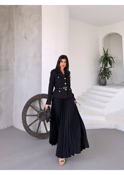 Kadın Kemerli Gold Düğmeli Premium Ceket Pileli Uzun Etek Takım Elbise modelleri