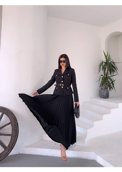 Kadın Kemerli Gold Düğmeli Premium Ceket Pileli Uzun Etek Takım Elbise fırsatları