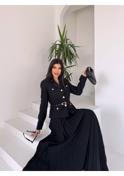 Kadın Kemerli Gold Düğmeli Premium Ceket Pileli Uzun Etek Takım Elbise indirimleri