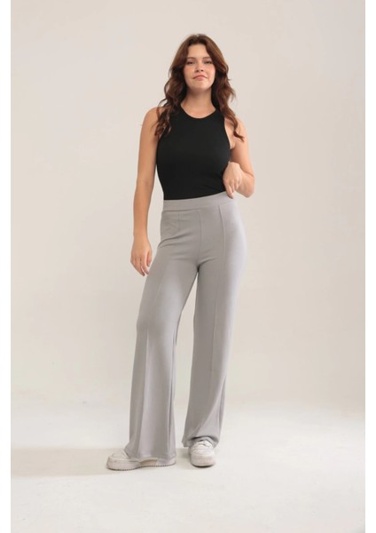Kadın Gri Modal Bol Paça Çımalı Yüksek Bel Yumuşak Dokulu Beli Lastikli Likralı Pantolon