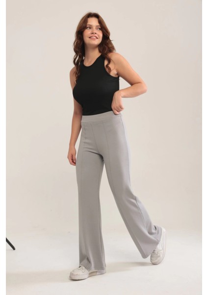 Kadın Gri Modal Bol Paça Çımalı Yüksek Bel Yumuşak Dokulu Beli Lastikli Likralı Pantolon fiyatları