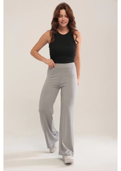 Kadın Gri Modal Bol Paça Çımalı Yüksek Bel Yumuşak Dokulu Beli Lastikli Likralı Pantolon fırsatları
