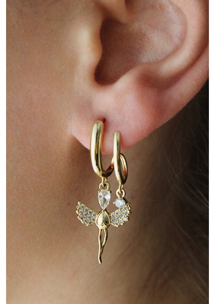 Vip Çelik Zirkon Taş Işleme Ikili Görünümlü Melek Küpe