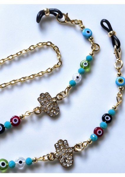 Gözlük Zinciri Nazar Boncuğu & Zirkon Taşlı Fatmanın Eli Gözlük Zinciri | Altın Rengi |