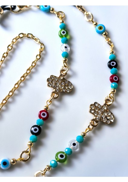 Gözlük Zinciri Nazar Boncuğu & Zirkon Taşlı Fatmanın Eli Gözlük Zinciri | Altın Rengi | fiyatları