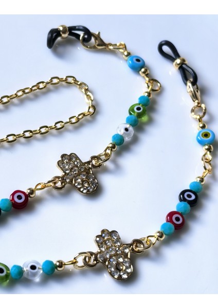 Gözlük Zinciri Nazar Boncuğu & Zirkon Taşlı Fatmanın Eli Gözlük Zinciri | Altın Rengi | modelleri