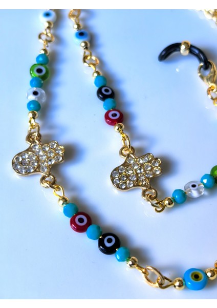 Gözlük Zinciri Nazar Boncuğu & Zirkon Taşlı Fatmanın Eli Gözlük Zinciri | Altın Rengi |