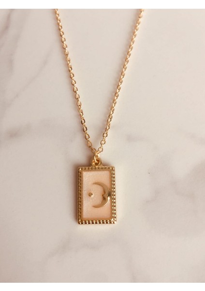 Ay Figürlü Sedefli Mineli Çelik Zincirli Altın Kaplama Kolye The Moon