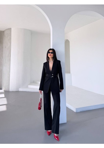 Kadın Ikili Kemer Detay Ceket Palazzo Pantolon Premium Takım Elbise