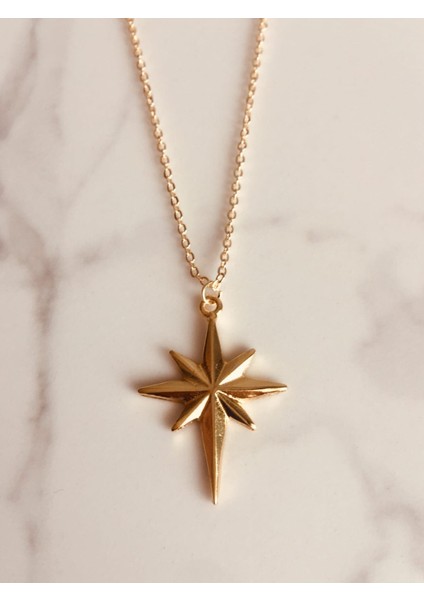 Kutup Yıldızı Figürlü Çelik Zincirli Altın Kaplama Kolye