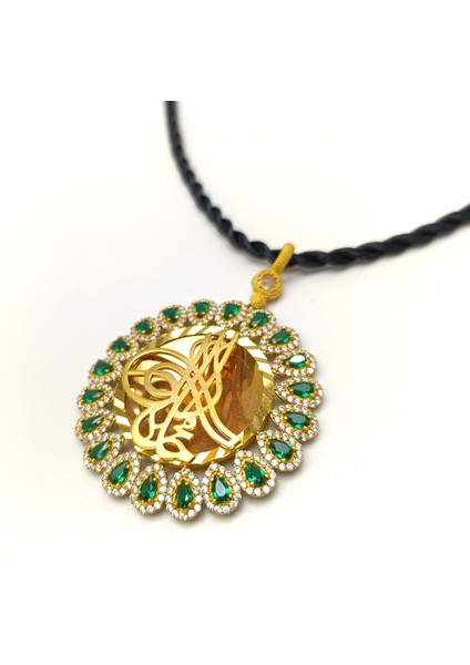 Yeşil Taşlı Tuğralı Kolye 14 Ayar Altın Hd Videolu