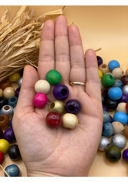 16 mm Karışık Renk Ahşap Boncuk (50 Gram 40 Adet) Delik Çapı 7 mm Yuvarlak Geniş Delik Renkli Tahta fiyatları