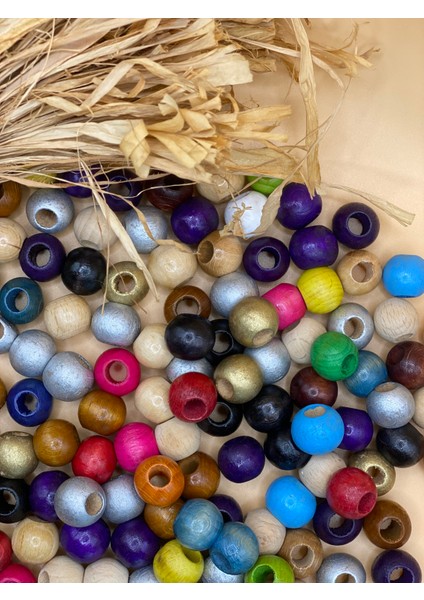 16 mm Karışık Renk Ahşap Boncuk (50 Gram 40 Adet) Delik Çapı 7 mm Yuvarlak Geniş Delik Renkli Tahta modelleri
