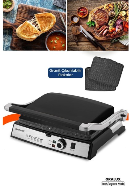 Çelik Tost ve Izgara Makinesi, Granit Plakalar, 2000W, Çıkarılabilir Plakalar