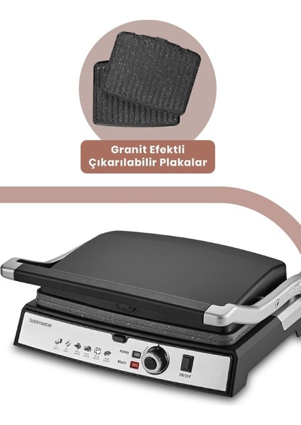 Çelik Tost ve Izgara Makinesi, Granit Plakalar, 2000W, Çıkarılabilir Plakalar