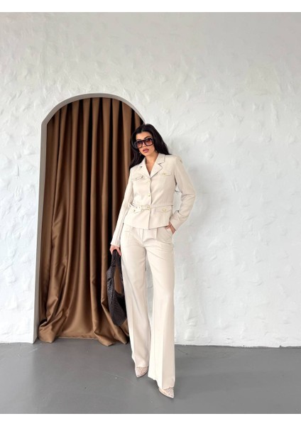 Kadın Gold Düğmeli Kemerli Modern Şık Kombin Takım Elbise fiyatları