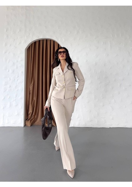 Kadın Gold Düğmeli Kemerli Modern Şık Kombin Takım Elbise modelleri