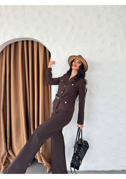 Kadın Gold Düğmeli Kemerli Modern Şık Kombin Takım Elbise modelleri