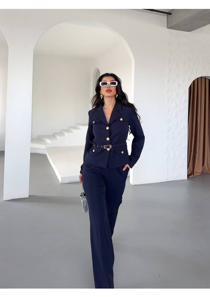 Kadın Gold Düğmeli Kemerli Modern Şık Kombin Takım Elbise fiyatları