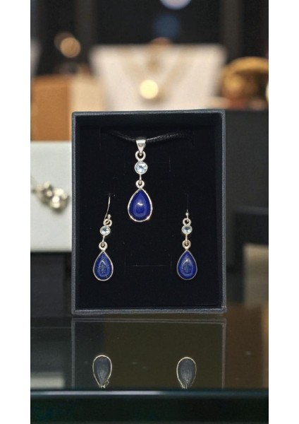 925 Ayar Gümüş Lapis Lazuli Taşlı El Işçiliği Kolye Ucu ve Küpe Seti