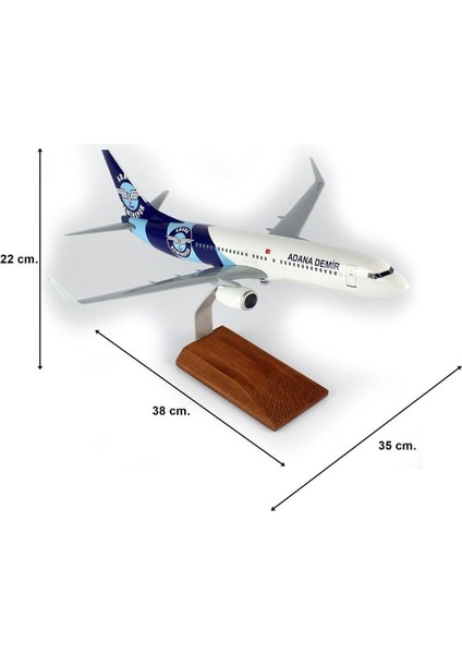 Thy Adana Demir Spor Logolu B737-800 Yolcu Uçağı, 1/100 Ölçek Sergilemeye Hazır Ahşap Standlı Model