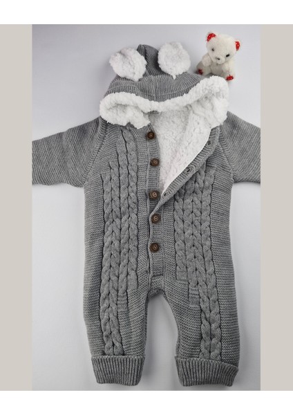 Bebek Triko Tulum – Kapüşonlu Kulak Detaylı Peluş Astarlı Kışlık Bebek Tulumu 6-24 Ay