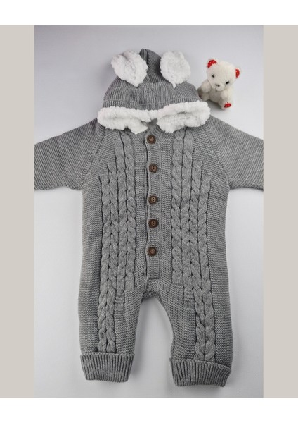 Bebek Triko Tulum – Kapüşonlu Kulak Detaylı Peluş Astarlı Kışlık Bebek Tulumu 6-24 Ay