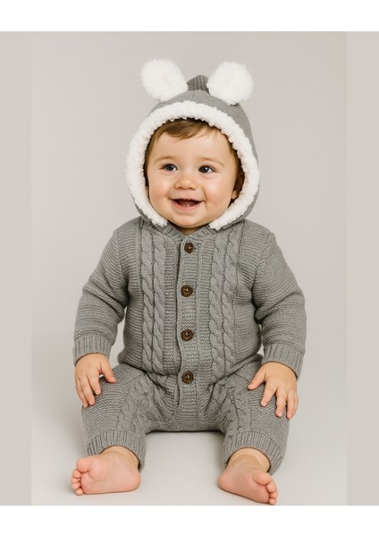 Bebek Triko Tulum – Kapüşonlu Kulak Detaylı Peluş Astarlı Kışlık Bebek Tulumu 6-24 Ay