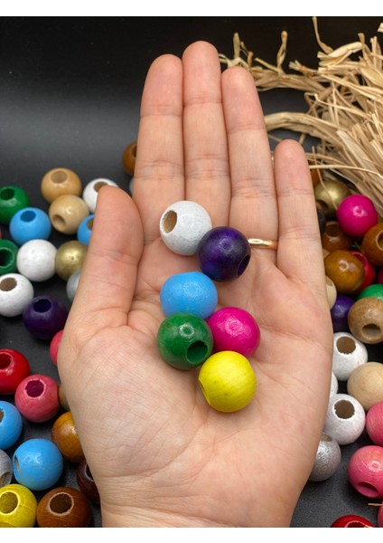 18 mm Karışık Renk Ahşap Boncuk (50 Gram 30 Adet) Delik Çapı 8 mm Yuvarlak Geniş Delik Renkli Tahta fiyatları
