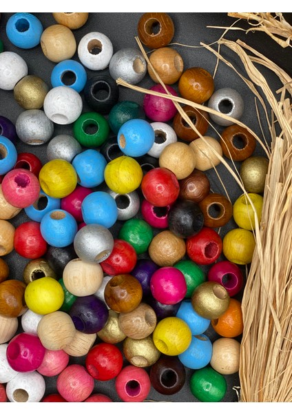 18 mm Karışık Renk Ahşap Boncuk (50 Gram 30 Adet) Delik Çapı 8 mm Yuvarlak Geniş Delik Renkli Tahta modelleri